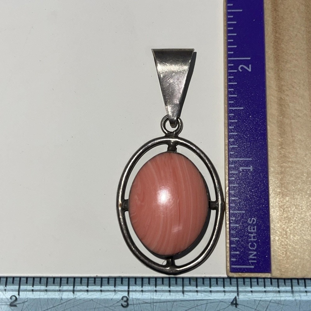 VTG Sterling Silver 925 Modernist Pink Opal Oval Pendant Mexico Estate Jewelry